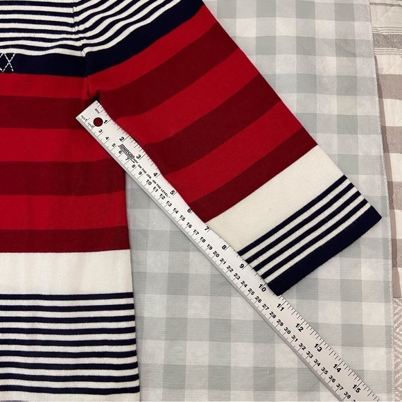 MARIE-CLAIRE nautical cardigan navy blue white striped red knit Large coastal - Picture 10 of 13